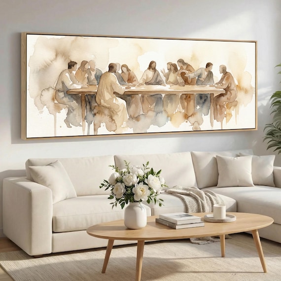 Last Supper Neutral Watercolor Jesus Panoramic Wall Art, Extra Wide Christian Canvas, Renaissance Style Religious Decor