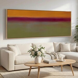 Orange and Blue Color Field Canvas, Extra Wide Panoramic Abstract Wall Art, Soft Edge Banded Modern Canvas Wall Decor