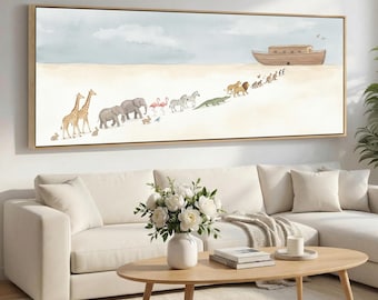 Noah’s Ark Framed Canvas Wall Art, Ark Animals Nursery Panorama, Christian Bible Story Decor, Extra Wide Horizontal Print