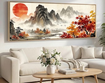 Japanischer Nebel Berg Leinwand Wandkunst, Rote Sonne Sumi Ink Landschaft, extrabreite Panorama-Leinwand, fertig zum Aufhängen, Zen-Dekor
