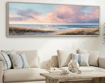 Beach Dunes Canvas Print, Wide Panoramic Coastal Dune Art, Pastel Ocean Horizon Seascape, Extra Wide Horizontal Framed Wall Decor