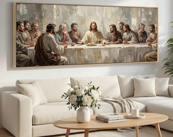 The Last Supper Decor Canvas Wall Art, Jesus Table Art for Christian Church Dining Room, Wide Sacred Canvas Print