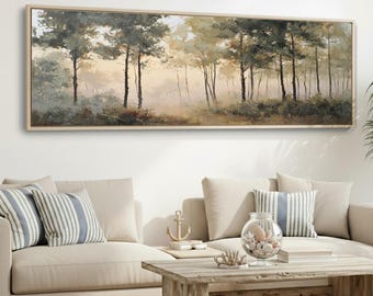Hazy Mist Forest Canvas Print, Wide Forest Canvas, Painterly Trees Wall Art, Long Sofa Artwork, Neutral Green Beige Minimalist Decor