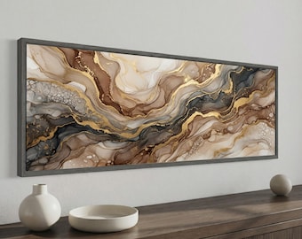 Gold Veined Abstract Canvas Wall Art, Neutral Marble Ink Flow, Extra Wide Over Sofa Canvas, Framed Ready To Hang