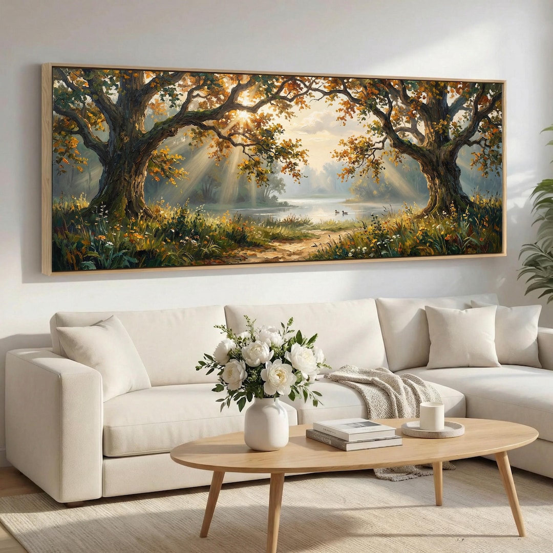 Sunbeam Forest Lake Panoramic Canvas, Misty Autumn Landscape Wall