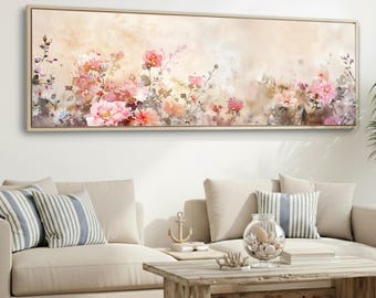 Abstract Floral Canvas Print | Minimalist Vintage Flowers Wall Art | Modern Farmhouse Large Horizontal Decor