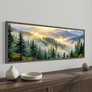 Green Foggy Forest Canvas Print, Wide Horizontal Landscape Wall Art, Mountain Sunrise Mist, Framed Ready To Hang, Above Bed Sofa Decor