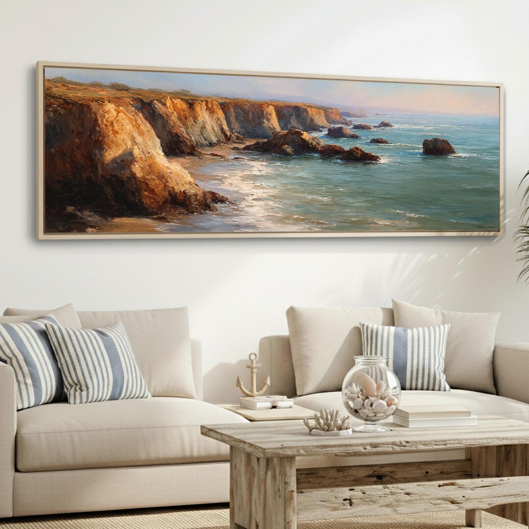 Panoramic Coastal Canvas Print | Vintage Beach Landscape Wall Art ...