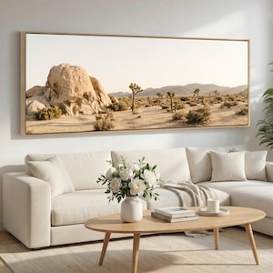 Framed Joshua Tree Desert Canvas Wall Art, Minimal Panoramic Landscape, Neutral Modern Southwest Wall Decor, Extra Wide Horizon Scene