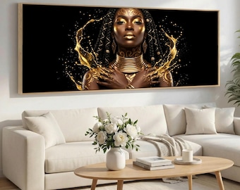 Elegante Schwarz-Gold-Afrikanerin Leinwand Wandkunst, Glam-Porträt, extrabreite Panorama-Leinwand, luxuriöses Wohndekor