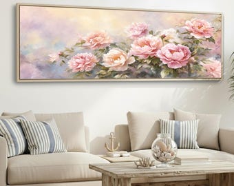 Op de afbeelding: Een rechthoekig bloemenschilderij met roze pioenrozen met groene bladeren tegen een zachte, pastelkleurige achtergrond. Het kunstwerk is ingelijst in een licht houten frame, geschikt voor interieurdecoratie.
