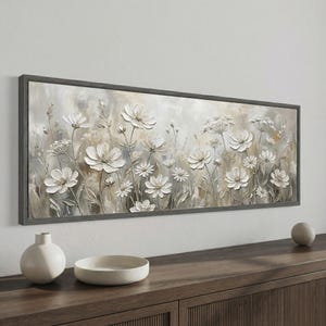Soothing Wildflower Canvas Wall Art, Neutral Beige Botanical Meadow, Long Horizontal Floral Decor, Extra Wide Panoramic Canvas