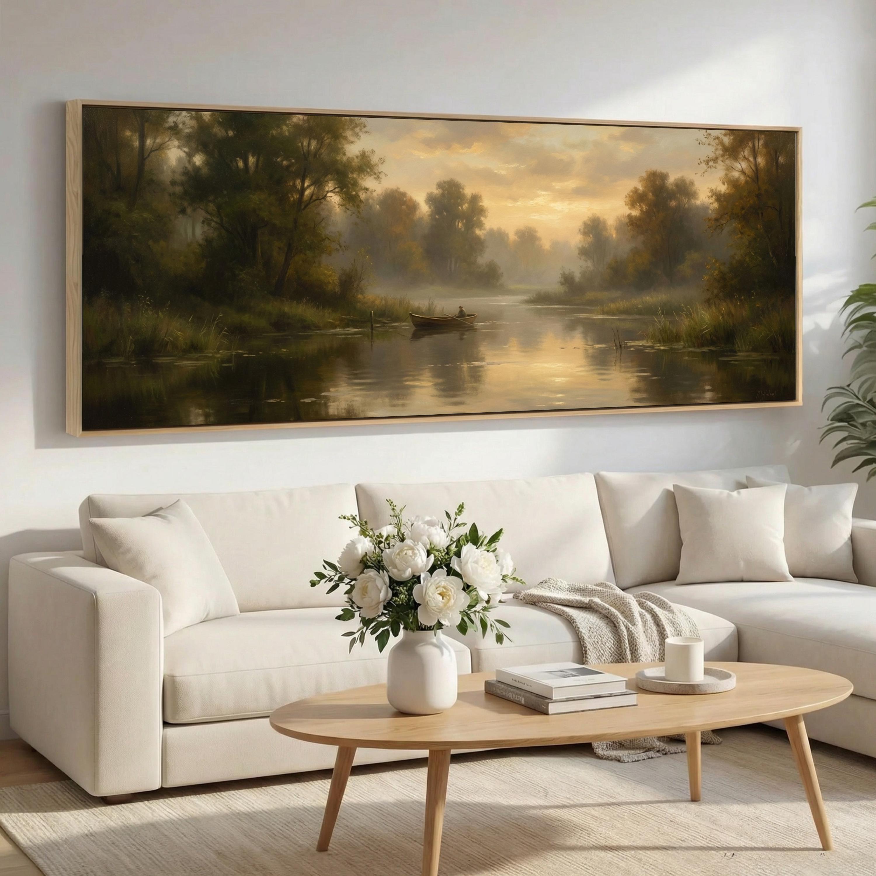 Extra Large Framed Panoramic Wall Art, Moody Forest Lake Canvas