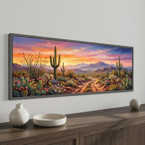 Quadro em tela com panorama do deserto, paisagem de pôr do sol com cactos saguaro, painel de parede amplo, emoldurado e pronto para pendurar, decoração do sudoeste americano.
