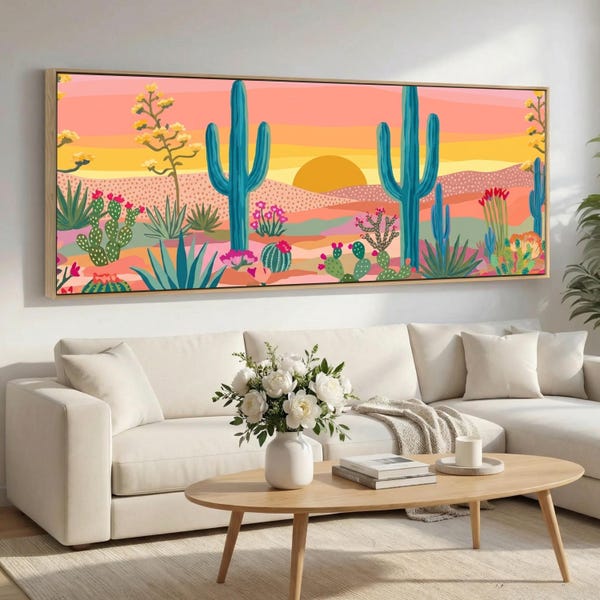 Saguaro Wall Art, Pink Desert Art Canvas, Teal Cactus Art, Mid Century Southwest Landscape