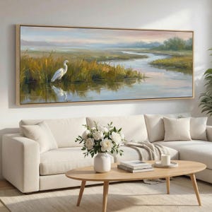 Extra Wide Framed Egret Wetland Canvas Wall Art, Quiet Water Coastal Marsh Landscape, Calm Nature Bird Decor for Living Room