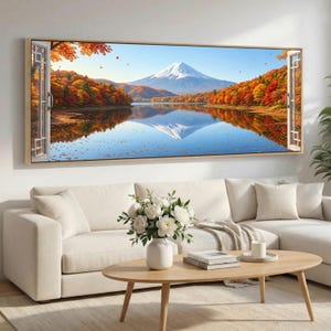 Mount Fuji Canvas Wall Art, Fuji Reflection Autumn Lake View from Window, Panoramic Japan Landscape for Calm Home Decor