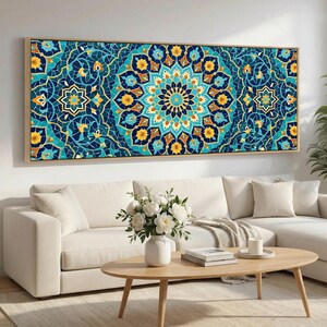 Persische Arabeske Leinwand Wandkunst, Geometrisches Marineblau Teal Gold Blumenmosaik, extrabreite Panoramawandleinwand für Oben Sofa Dekor