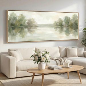 Still Lake Art Print, Foggy Waterway Panoramic Canvas, Scandi Neutral Landscape Wall Art, Wide Horizontal Art for Above Sofa Bed Decor