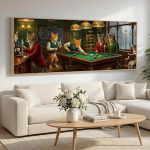 Cats Playing Pool Canvas Print, Pool Cat Art for Game Room, Funny Billiard Wall Art, Pub Cat Art