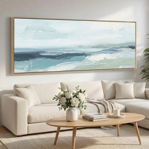 Minimalistische kusthorizon canvas muurkunst, extra breed abstract zeegezicht canvas, zacht blauw en wit oceaanschilderij voor decor strandhuis