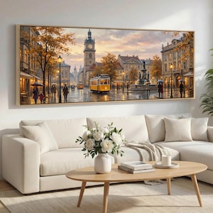 Regen Reflections Tram Street Leinwand Kunst | Gemütliche Herbst-Stadtbild mit Cafe Lichtern | Extra breite Panorama gerahmte Leinwand
