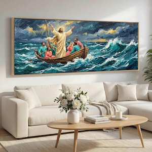 May include: An oil painting depicts a religious scene of a figure in a white robe standing in a boat on a turbulent sea. Other figures are in the boat. The sky is dark with stormy clouds. The painting is in a wooden frame.