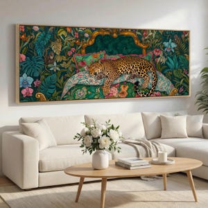 May include: A rectangular wall art print featuring a leopard resting on a bed with a dark green headboard. The scene is surrounded by a dense jungle pattern of tropical leaves, colorful flowers, and small monkeys in shades of green, pink, and blue.