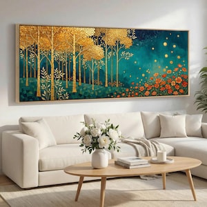 May include: A large rectangular wall art print featuring a stylized forest scene. Gold-toned trees with textured canopies stand against a teal and navy background. Orange flowers bloom at the base, and the artwork is framed in a light wood.