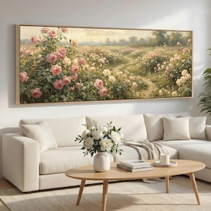 Framed Rose Garden Canvas Wall Art, Soft Blush Wildflower Field Landscape, Panoramic Extra Wide Floral Artwork for Above Sofa Bedroom Decor