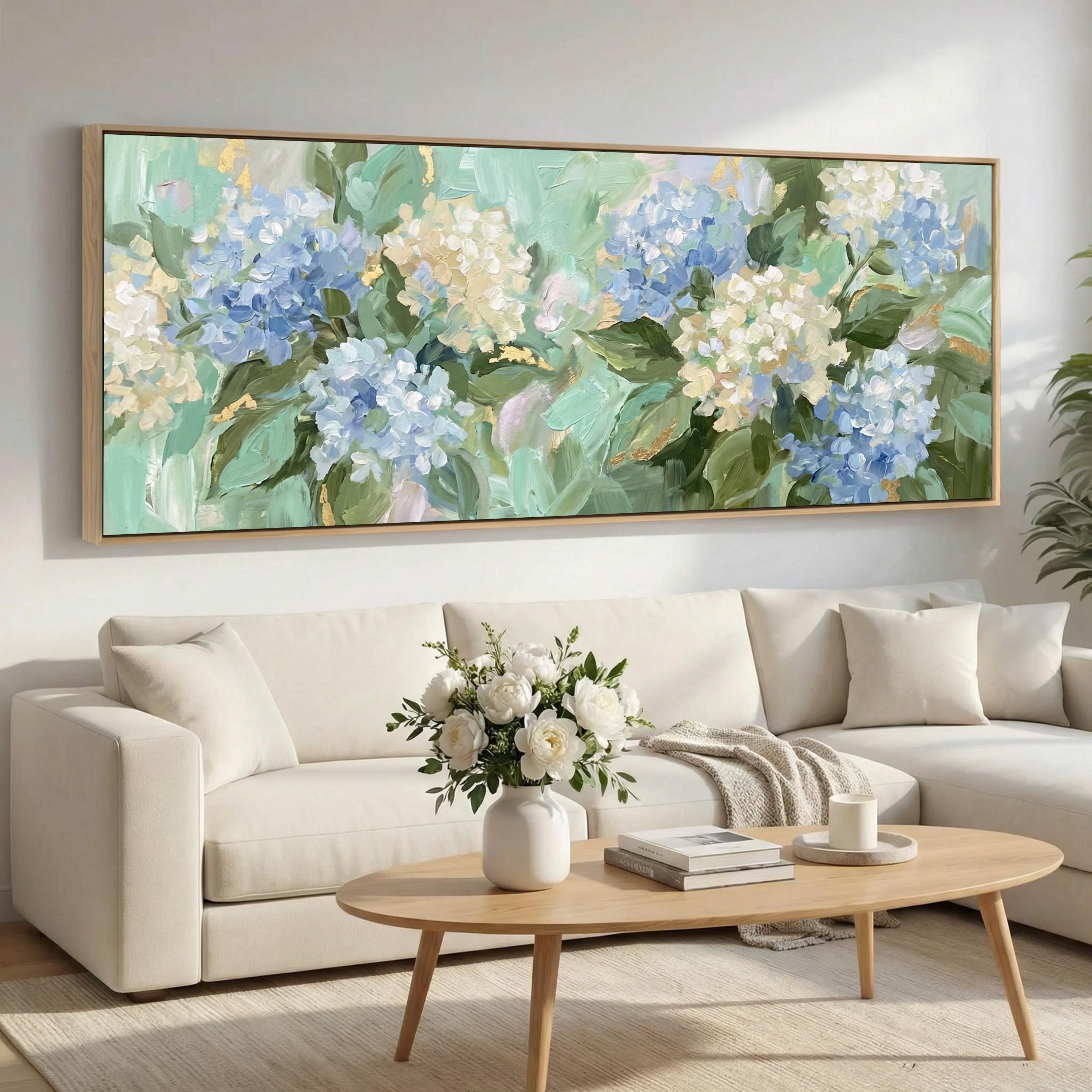 Hydrangea Canvas Art, Framed Botanical Wall Art, Soft Blue & White