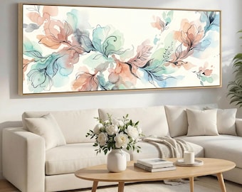 Pastell Aquarell Blumen Leinwand Wandkunst, Extra breit Japandi Abstrakte Pflanzen, Soft Blush Salbei Aqua Minimal Wanddekor