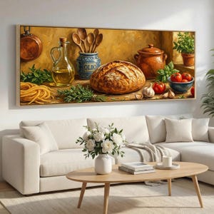 Tuscan Canvas Art for Kitchen, Basil Canvas Art with Bread Tomato Garlic, Wide Kitchen Art for Rustic Dining Decor
