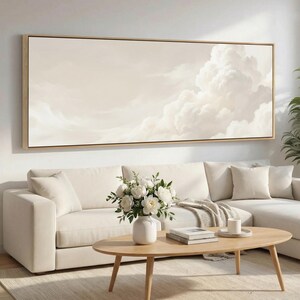 Extra Wide Cloudscape Wall Art Framed Canvas, Neutral Beige Sky White Clouds, Modern Minimal Living Room Above Sofa Decor