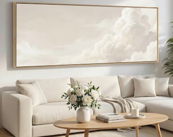 Extra Wide Cloudscape Wall Art Framed Canvas, Neutral Beige Sky White Clouds, Modern Minimal Living Room Above Sofa Decor