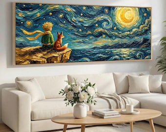 Sternenklare Nacht Ozean Klippe Wandkunst, Märchenbuch Junge & Fuchs, extrabreite Panorama-Leinwand, fertig zum Aufhängen, wunderliches Dekor