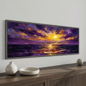 Brushstroke Ocean Sunset Canvas Wall Art, Extra Wide Horizontal Purple Gold Abstract Seascape, Textured Framed Ready To Hang