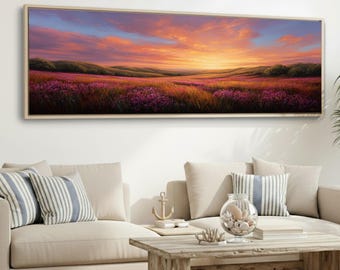 Sunset Wildflowers Canvas Print | Minimalist Vintage Landscape Wall Art | Modern Farmhouse Large Framed Artwork
