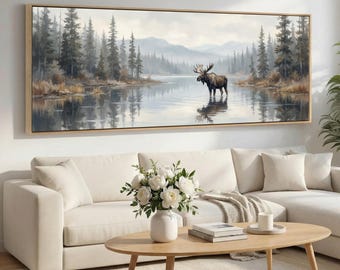 Moose Canvas Wall Art, Quiet Lake Scene, Light Mist Landscape, Rustic Lodge Decor, Wide Panoramic Wildlife Canvas