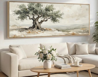 Olive Tree Canvas Wall Art, Vintage Muted Olive Leaf Painting Style, Extra Wide Neutral Farmhouse Landscape Canvas Wall Hanging