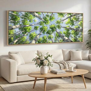 Large Framed Birch Forest Canopy Wall Art, Treetop Sky View Canvas, Extra Wide Panoramic Woodland Decor, Light Filled Nature Art
