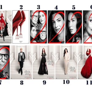 May include: A collection of movie posters for "The Devil Wears Prada 2". The posters feature various cast members, including Anne Hathaway, Meryl Streep, and Stanley Tucci. The posters have a red heart-shaped design.