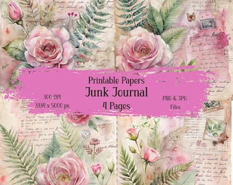 4 Vintage Rose Junk Journal Pages – Shabby Chic Floral Ephemera (Digital Download)