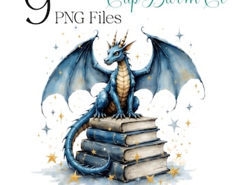 9 Blue Book Dragon Clipart – Watercolor Fantasy PNG Bundle (Digital Download)