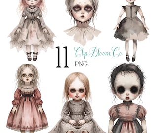 Creepy Doll Clipart Bundle – 11 Haunted PNGs, Gothic Horror Art, Scary Vintage Dolls, Spooky