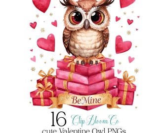 16 Valentine Owl PNG Bundle with Gift Boxes Hearts Transparent and white Background