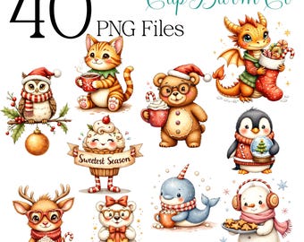 クリスマス動物クリップアート – 40種類のお祝いPNG、ホリデーグラフィック（デジタルダウンロード）