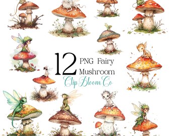 Fairy Mushroom Clipart – 12 Watercolor PNG Illustrations (Digital Download)
