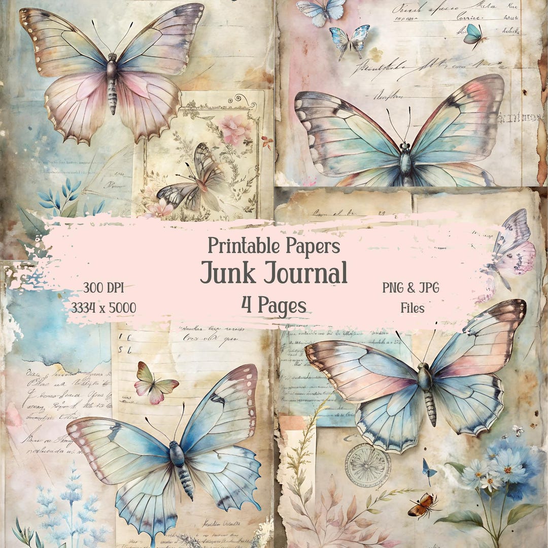 Vintage Butterfly Junk Journal Pages – 4 Digital Collage Sheets for ...