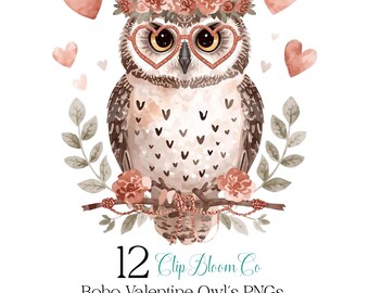 Boho Valentine Owl PNG Set with Floral Crowns Hearts Watercolor Clipart